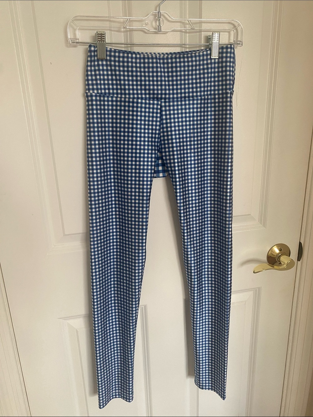 Goldsheep Women’s Blue & White Gingham Yoga Active Leggings EUC Size S